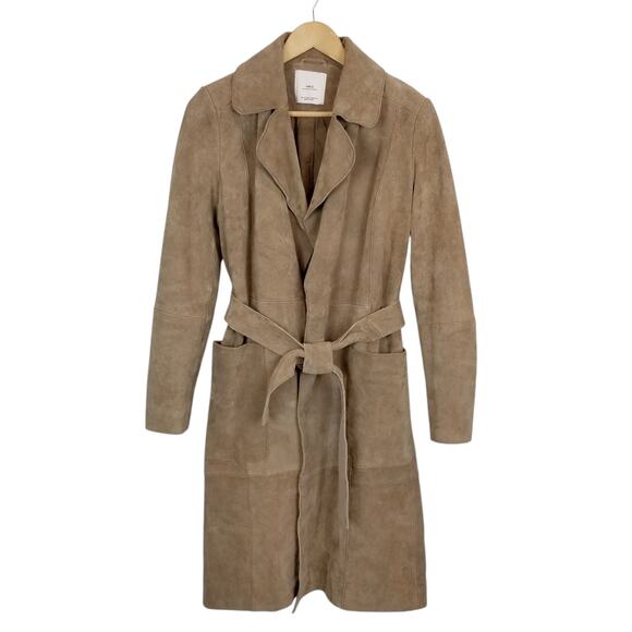 MNG Mango Women's Tan Suede Leather Belted Trench Coat Size Small - Picture 1 of 8
